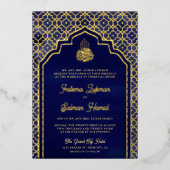 Invitation En Aluminium Bleu Marocain Arche Mariage Musulman Or (Recto)