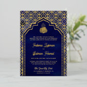 Invitation En Aluminium Bleu Marocain Arche Mariage Musulman Or (Debout devant)
