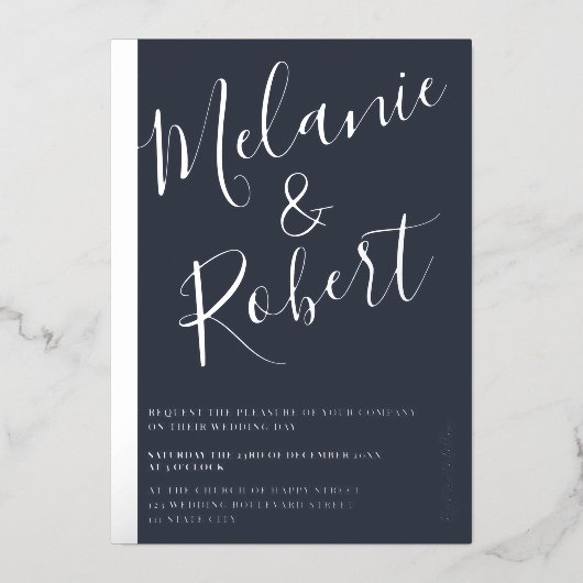 Invitation En Aluminium Bleu moderne mariage photo argenté (Recto)