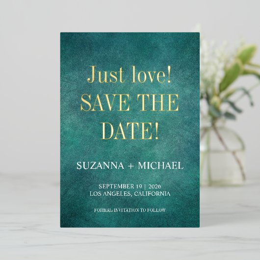 Invitation En Aluminium Bleu moderne, seul amour, sauver la date (Debout devant)