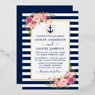 Invitation En Aluminium Bleu Nautique Rayures Aquarelle Rose Floral Or