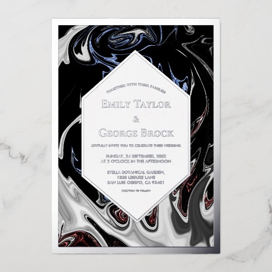 Invitation En Aluminium Bleu noir minimal Mariage Abstrait Argent (Recto)