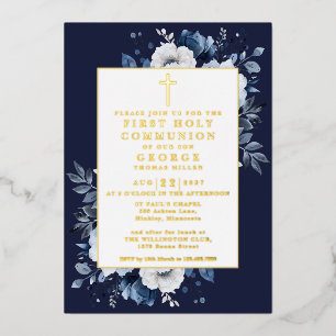 Invitation En Aluminium Bleu Nuit Bohème Floral Première Sainte Communion