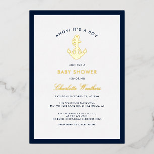 Invitation En Aluminium Bleu Nuit Naval Ancre Garçon Baby Shower Or