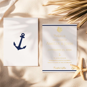 Invitation En Aluminium Bleu Nuit Naval Blanc Ancre Mariage Or