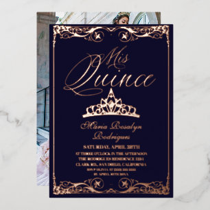 Invitation En Aluminium Bleu Nuit & Rose Gold Elégant Quinceanera Photo