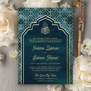 Invitation En Aluminium Bleu océan Arc marocain Mariage musulman Or