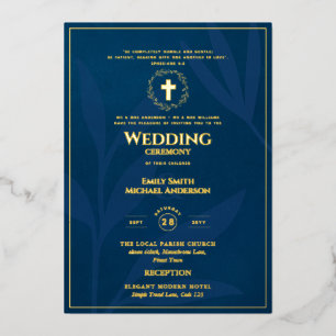 Invitation En Aluminium Bleu Or Catholique Mariage Élégant Formel Moderne