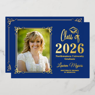 Invitation En Aluminium Bleu Or FOIL Promotion 2026 Photo Diplôme