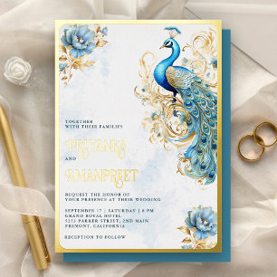 Invitation En Aluminium Bleu pastel floral indien paon mariage or