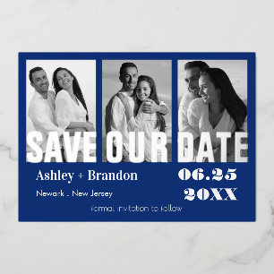 Invitation En Aluminium Bleu photo triple, Blanc, VRAI