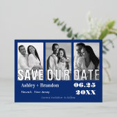 Invitation En Aluminium Bleu photo triple, Blanc, VRAI (Debout devant)