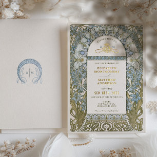 Invitation En Aluminium Bleu Poussiéreux Fleur de Maïs Art Nouveau Mucha M