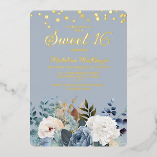 Invitation En Aluminium Bleu Poussiéreux Fleurs Blanches Paillettes Dorées