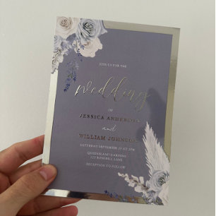 Invitation En Aluminium Bleu Poussiéreux Fleurs Mariage Argent
