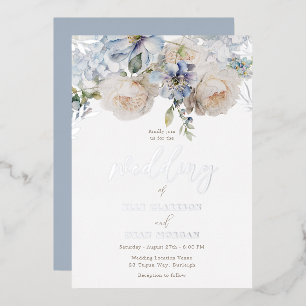 Invitation En Aluminium Bleu Poussiéreux Fleurs & Roses Blanches Mariage A