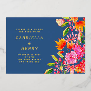 Invitation En Aluminium Bleu Rose Orange Aquarelle Floral Mariage Or