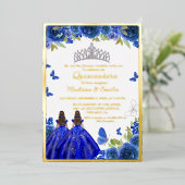 Invitation En Aluminium Bleu Royal Floral Papillon jumeau Quinceanera (Debout devant)