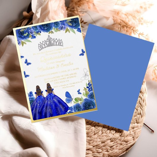 Invitation En Aluminium Bleu Royal Floral Papillon jumeau Quinceanera