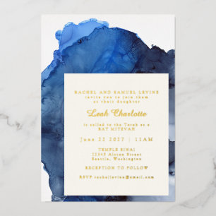 Invitation En Aluminium Bleu Tendance Abstrait Aquarelle Bar Mitzvah Or