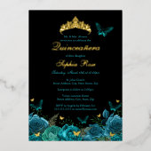 Invitation En Aluminium Bleu turquoise Papillon Floral Tiara Quinceanera (Recto)