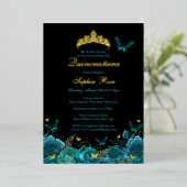 Invitation En Aluminium Bleu turquoise Papillon Floral Tiara Quinceanera (Debout devant)