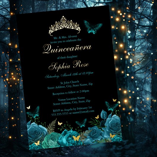 Invitation En Aluminium Bleu turquoise Papillon Floral Tiara Quinceanera