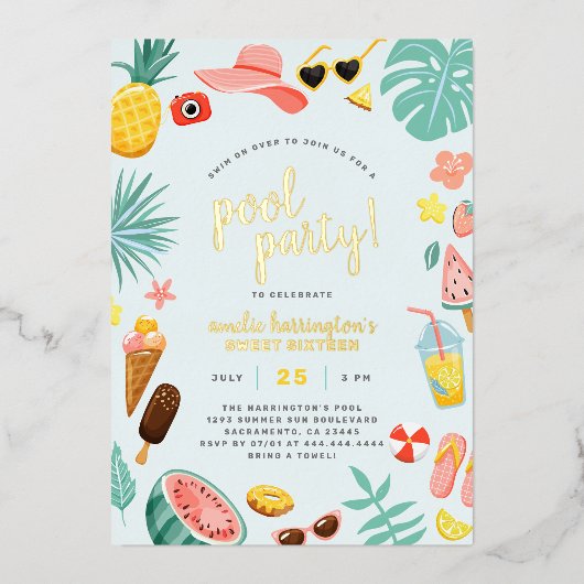 Invitation En Aluminium Bleu | Watermelon Pineappon Tropical Pool Party (Recto)
