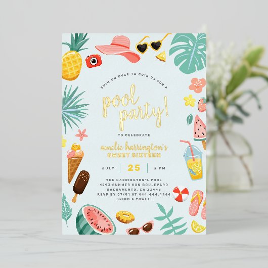 Invitation En Aluminium Bleu | Watermelon Pineappon Tropical Pool Party (Debout devant)