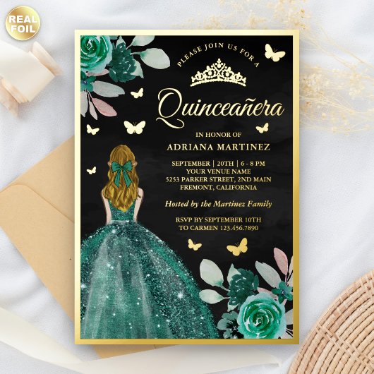 Invitation En Aluminium Blonde Emerald Robe papillon Quinceanera Or
