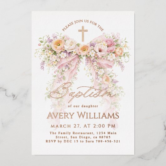 Invitation En Aluminium Bloom Floral Bow Girl Baptism (Recto)
