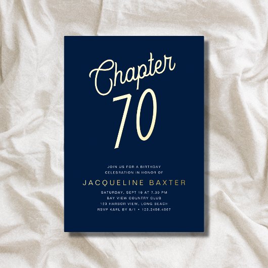 Invitation En Aluminium Blue 70th Birthday Gold Script Chapitre 70 Party