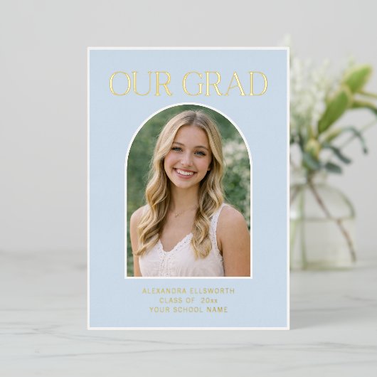 Invitation En Aluminium Blue Arch Photo Graduation Gold Foil Announcement (Debout devant)