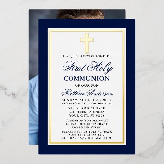 Invitation En Aluminium Blue First Holy Communion Photo Cross Gold (Recto/Verso)