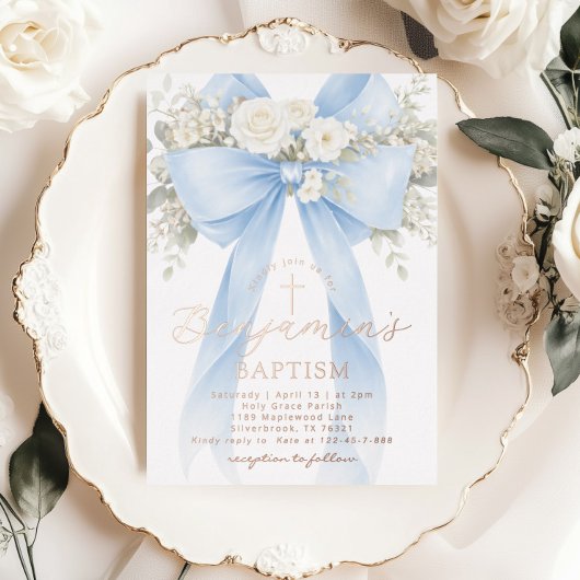 Invitation En Aluminium Blue Floral Eucalyptus Bow Boy Baptism