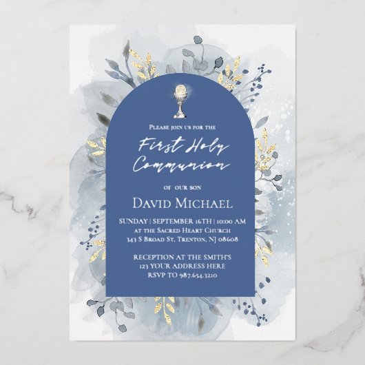 Invitation En Aluminium Blue foliage First Holy Communion (Recto)