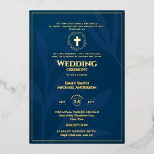 Invitation En Aluminium Blue Gold Catholique Mariage Élégant Formal Modern