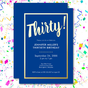 Invitation En Aluminium Blue & Gold Foil moderne 30e anniversaire