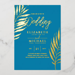 Invitation En Aluminium Blue Gold Tropical Leaf Destination Mariage