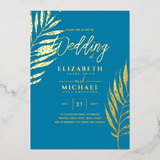Invitation En Aluminium Blue Gold Tropical Leaf Destination Mariage (Recto)