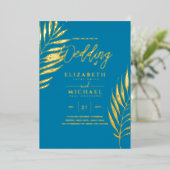 Invitation En Aluminium Blue Gold Tropical Leaf Destination Mariage (Debout devant)