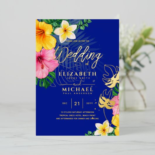Invitation En Aluminium Blue Gold Tropical Leaf Destination Mariage (Debout devant)