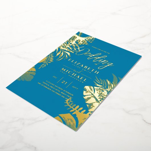 Invitation En Aluminium Blue Gold Tropical Leaf Destination Mariage (Rotation)