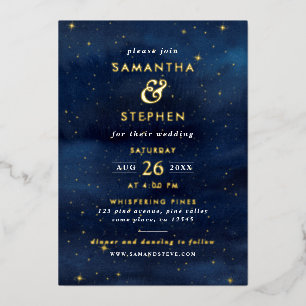 Invitation En Aluminium Blue & Gold Watercolor Night Sky & Stars Mariage