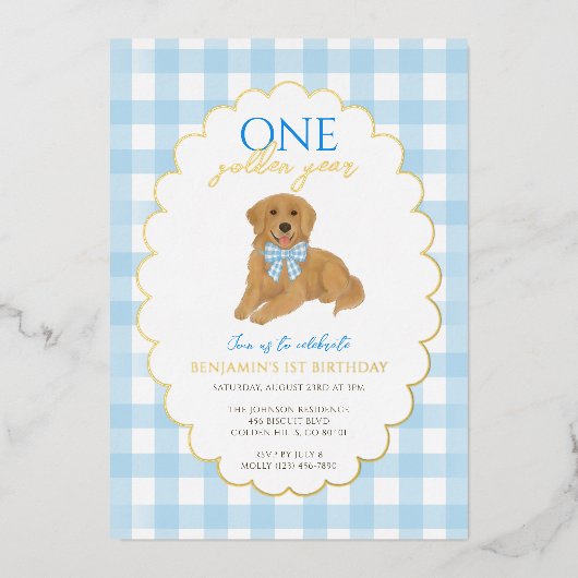 Invitation En Aluminium Blue Golden Retriever Puppy Pawty 1er anniversaire (Recto)