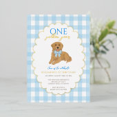 Invitation En Aluminium Blue Golden Retriever Puppy Pawty 1er anniversaire (Debout devant)