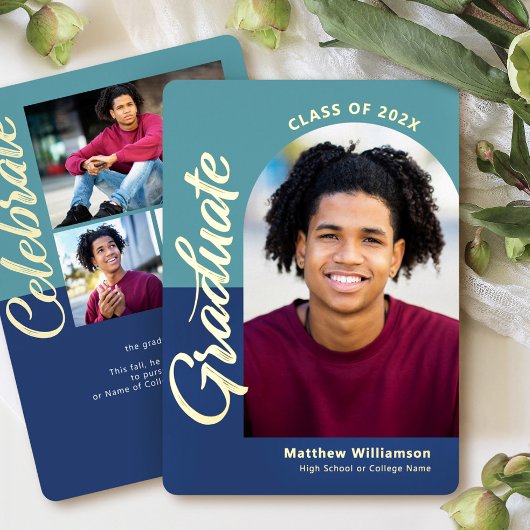 Invitation En Aluminium Blue Graduation 4 Photo Bold Arch Party Real Gold
