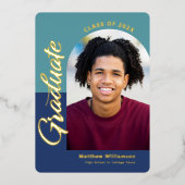 Invitation En Aluminium Blue Graduation 4 Photo Bold Arch Party Real Gold (Recto)