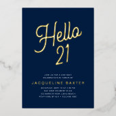 Invitation En Aluminium Blue Hello 21 Gold Script 21e fête d'anniversaire (Recto)