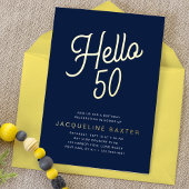 Invitation En Aluminium Blue Hello 50 Gold Script 50th Birthday Party